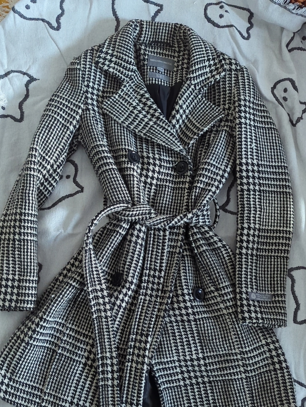 Houndstooth Double-Breasted Belted Wool Blend Coat - Black & White